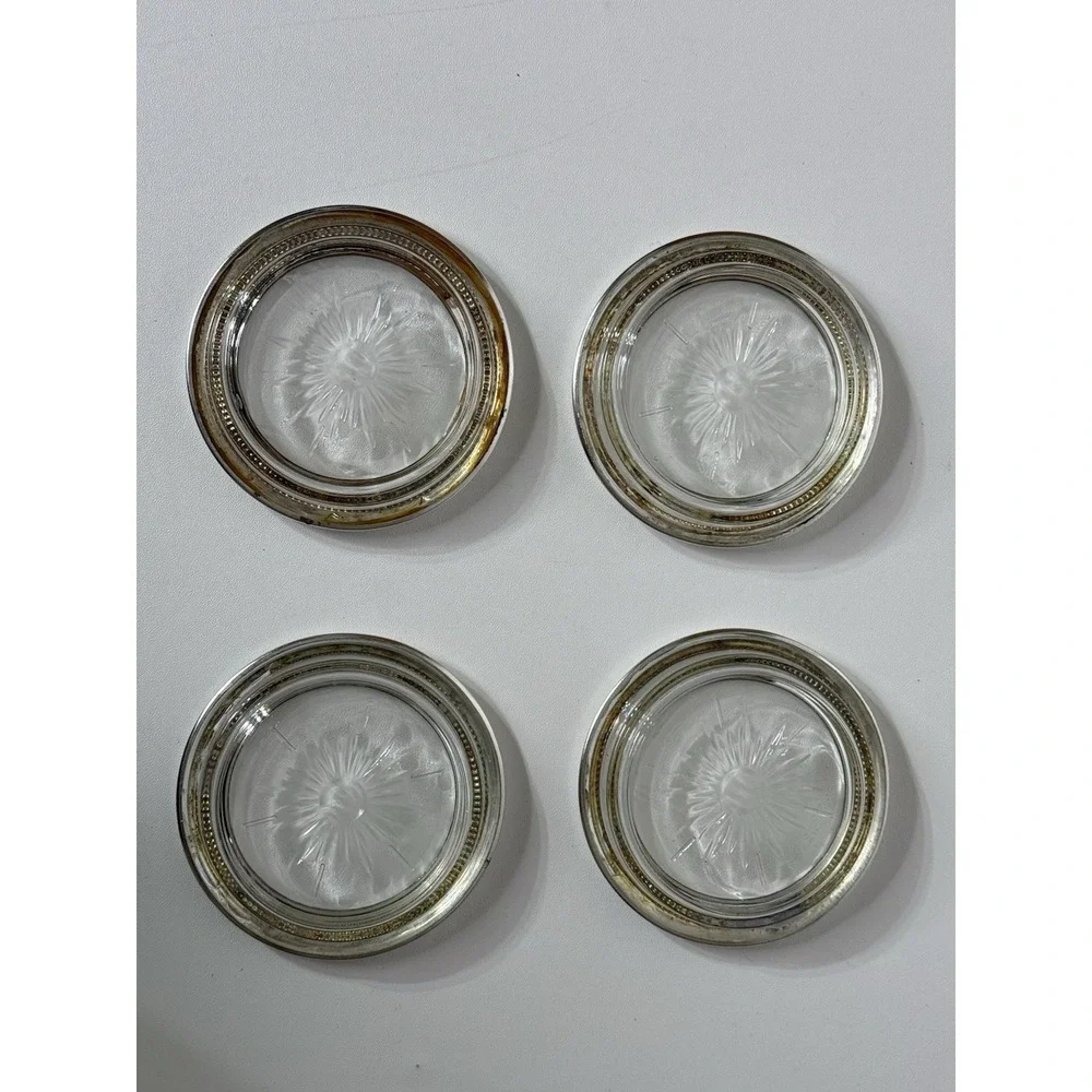 Vintage Leonard Crystal and Silver Plate Coaster‎ Ashtray Set of 4 Italy In Box